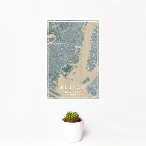12x18 Jersey City New Jersey Map Print Portrait Orientation in Afternoon Style With Small Cactus Plant in White Planter