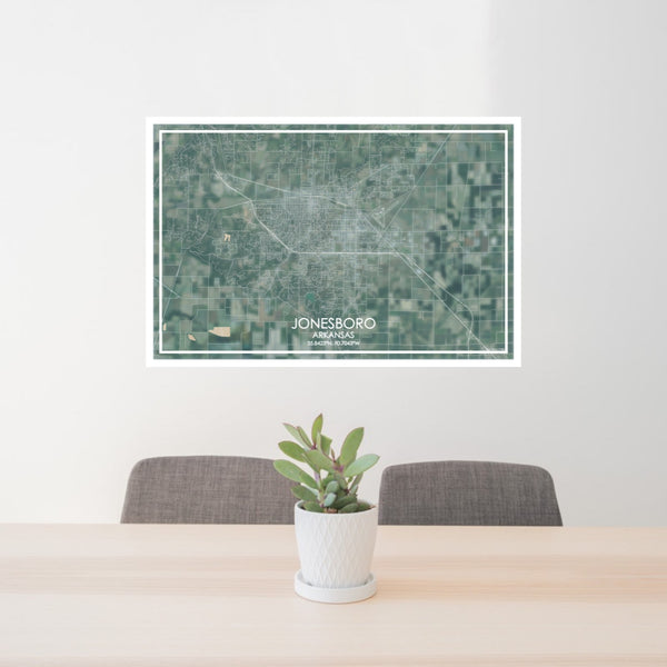 24x36 Jonesboro Arkansas Map Print Lanscape Orientation in Afternoon Style Behind 2 Chairs Table and Potted Plant