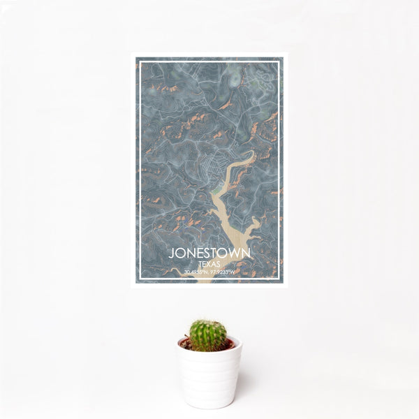 12x18 Jonestown Texas Map Print Portrait Orientation in Afternoon Style With Small Cactus Plant in White Planter