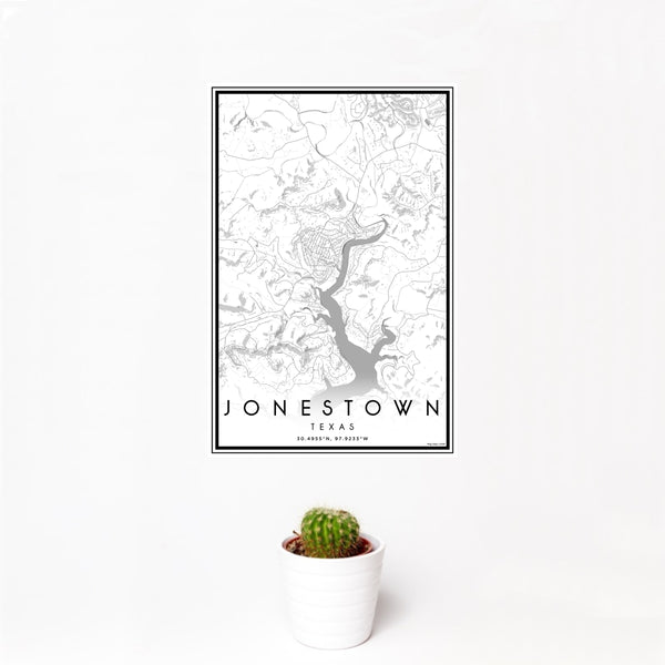 12x18 Jonestown Texas Map Print Portrait Orientation in Classic Style With Small Cactus Plant in White Planter