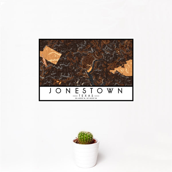 12x18 Jonestown Texas Map Print Landscape Orientation in Ember Style With Small Cactus Plant in White Planter