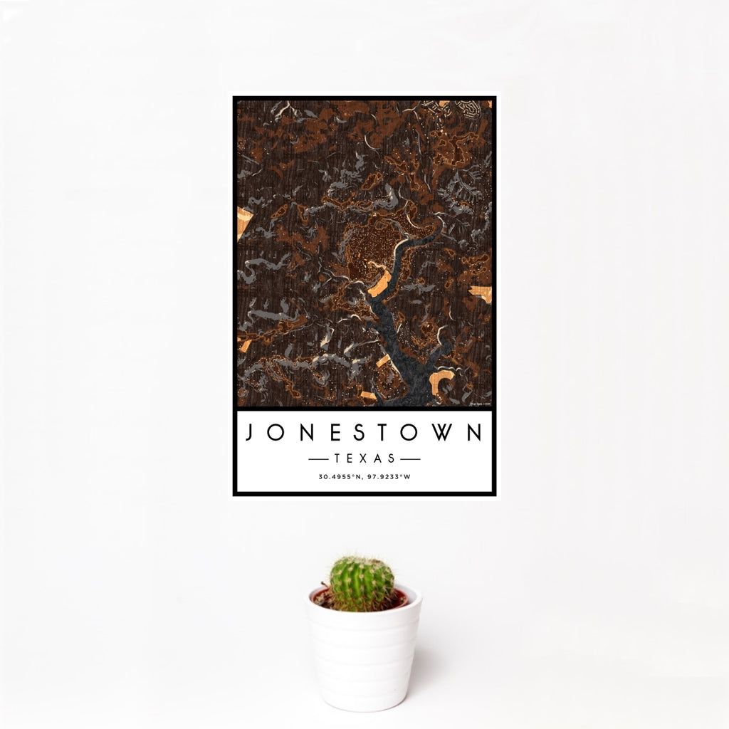 12x18 Jonestown Texas Map Print Portrait Orientation in Ember Style With Small Cactus Plant in White Planter