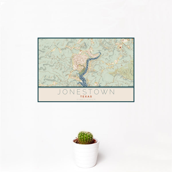 12x18 Jonestown Texas Map Print Landscape Orientation in Woodblock Style With Small Cactus Plant in White Planter