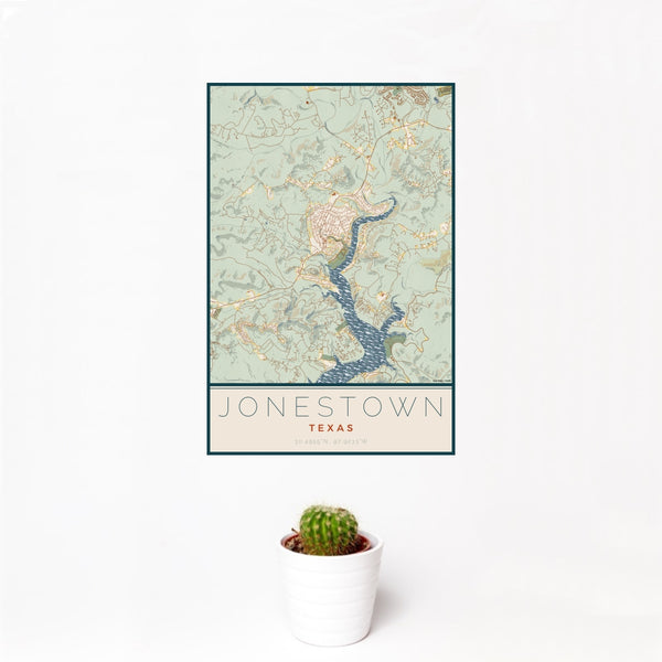 12x18 Jonestown Texas Map Print Portrait Orientation in Woodblock Style With Small Cactus Plant in White Planter