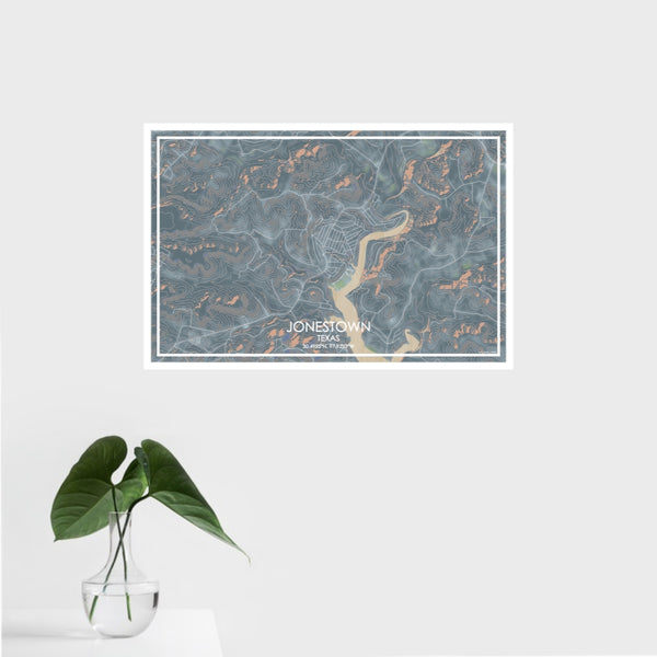 16x24 Jonestown Texas Map Print Landscape Orientation in Afternoon Style With Tropical Plant Leaves in Water