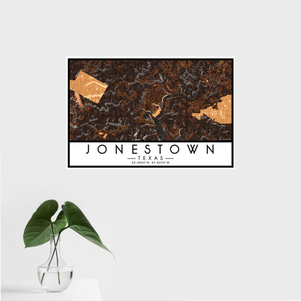 16x24 Jonestown Texas Map Print Landscape Orientation in Ember Style With Tropical Plant Leaves in Water