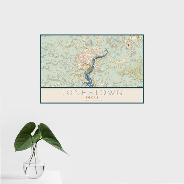 16x24 Jonestown Texas Map Print Landscape Orientation in Woodblock Style With Tropical Plant Leaves in Water