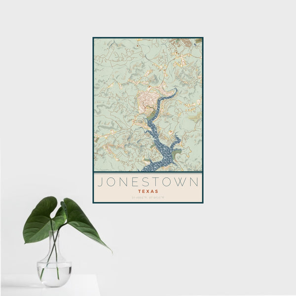 16x24 Jonestown Texas Map Print Portrait Orientation in Woodblock Style With Tropical Plant Leaves in Water