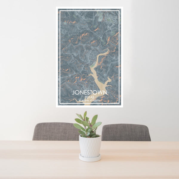 24x36 Jonestown Texas Map Print Portrait Orientation in Afternoon Style Behind 2 Chairs Table and Potted Plant