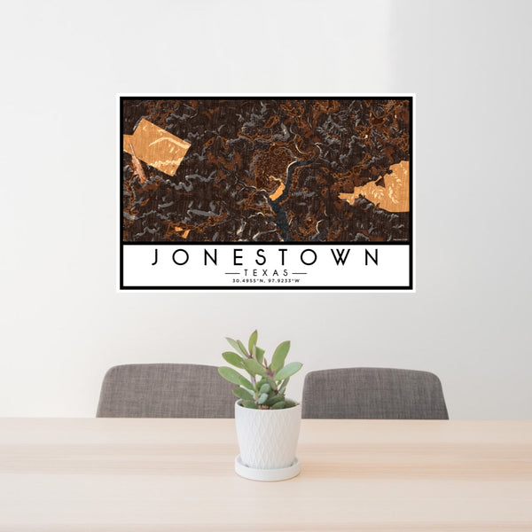 24x36 Jonestown Texas Map Print Lanscape Orientation in Ember Style Behind 2 Chairs Table and Potted Plant