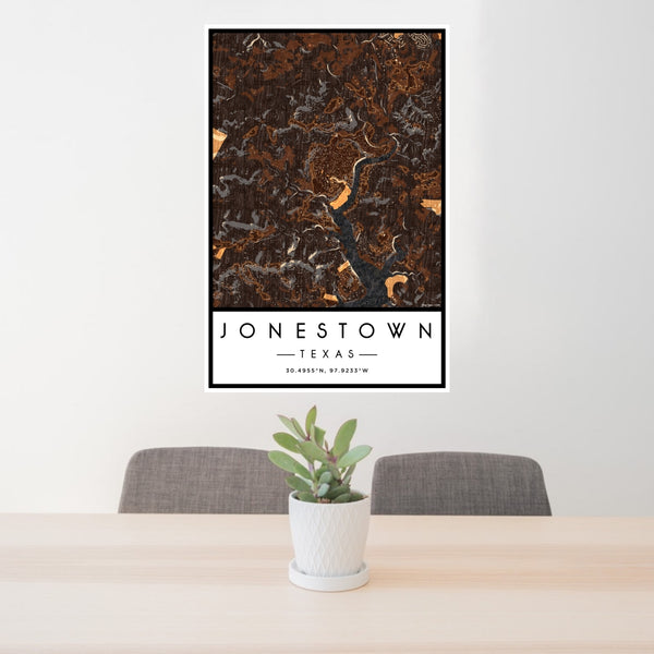 24x36 Jonestown Texas Map Print Portrait Orientation in Ember Style Behind 2 Chairs Table and Potted Plant