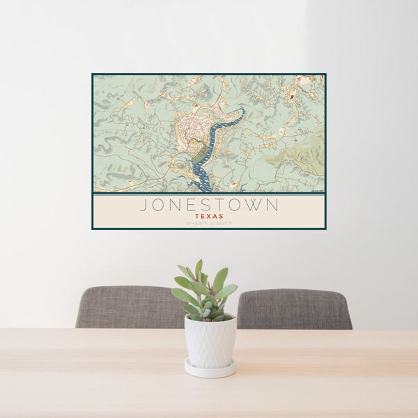 24x36 Jonestown Texas Map Print Lanscape Orientation in Woodblock Style Behind 2 Chairs Table and Potted Plant