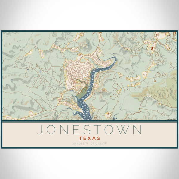 Jonestown Texas Map Print Landscape Orientation in Woodblock Style With Shaded Background
