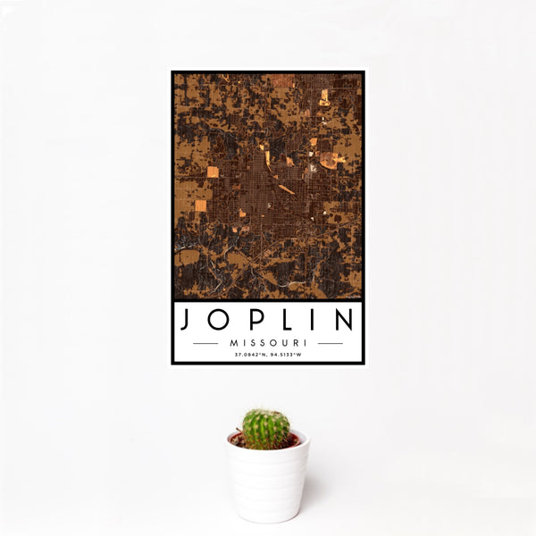 12x18 Joplin Missouri Map Print Portrait Orientation in Ember Style With Small Cactus Plant in White Planter