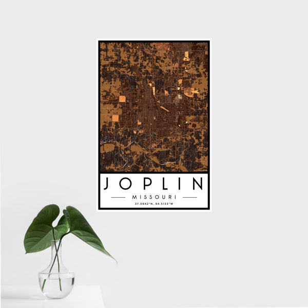 16x24 Joplin Missouri Map Print Portrait Orientation in Ember Style With Tropical Plant Leaves in Water