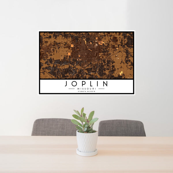24x36 Joplin Missouri Map Print Lanscape Orientation in Ember Style Behind 2 Chairs Table and Potted Plant