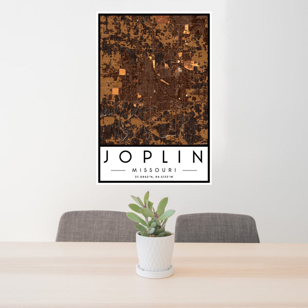 24x36 Joplin Missouri Map Print Portrait Orientation in Ember Style Behind 2 Chairs Table and Potted Plant