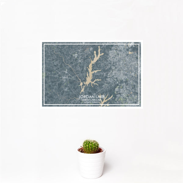 12x18 Jordan Lake North Carolina Map Print Landscape Orientation in Afternoon Style With Small Cactus Plant in White Planter