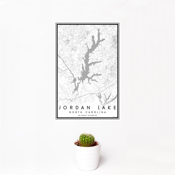 12x18 Jordan Lake North Carolina Map Print Portrait Orientation in Classic Style With Small Cactus Plant in White Planter