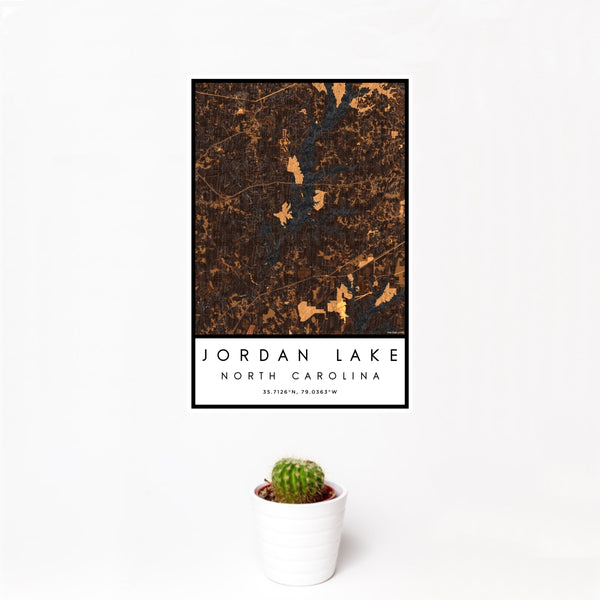 12x18 Jordan Lake North Carolina Map Print Portrait Orientation in Ember Style With Small Cactus Plant in White Planter