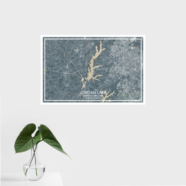 16x24 Jordan Lake North Carolina Map Print Landscape Orientation in Afternoon Style With Tropical Plant Leaves in Water