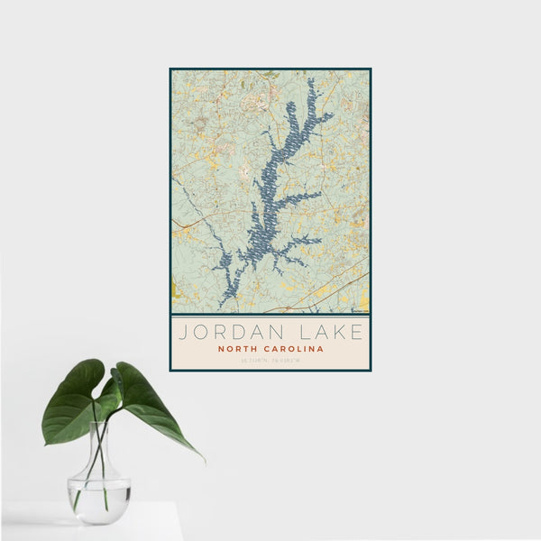 16x24 Jordan Lake North Carolina Map Print Portrait Orientation in Woodblock Style With Tropical Plant Leaves in Water