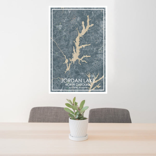 24x36 Jordan Lake North Carolina Map Print Portrait Orientation in Afternoon Style Behind 2 Chairs Table and Potted Plant