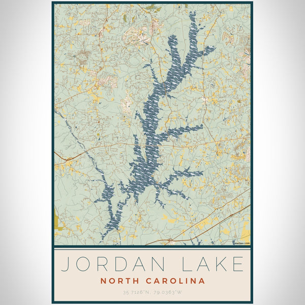 Jordan Lake North Carolina Map Print Portrait Orientation in Woodblock Style With Shaded Background