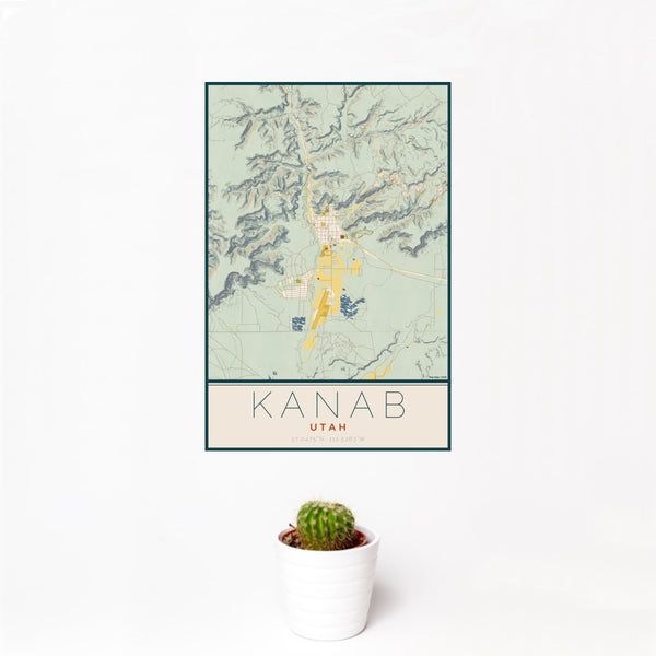 12x18 Kanab Utah Map Print Portrait Orientation in Woodblock Style With Small Cactus Plant in White Planter