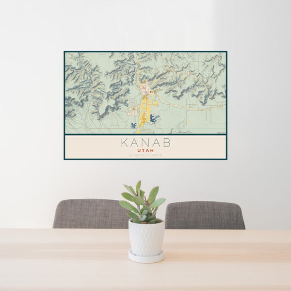 24x36 Kanab Utah Map Print Lanscape Orientation in Woodblock Style Behind 2 Chairs Table and Potted Plant