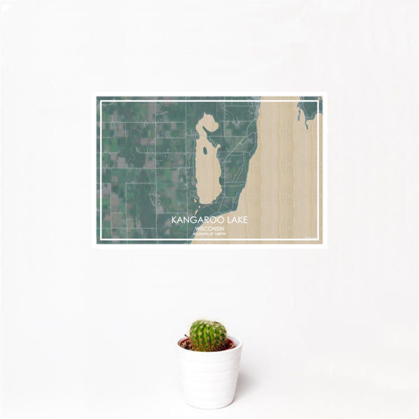 12x18 Kangaroo Lake Wisconsin Map Print Landscape Orientation in Afternoon Style With Small Cactus Plant in White Planter