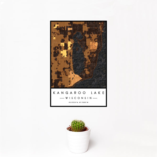12x18 Kangaroo Lake Wisconsin Map Print Portrait Orientation in Ember Style With Small Cactus Plant in White Planter
