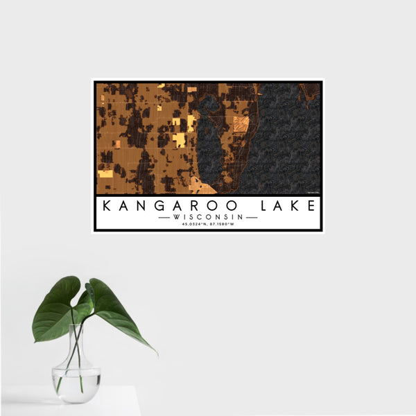16x24 Kangaroo Lake Wisconsin Map Print Landscape Orientation in Ember Style With Tropical Plant Leaves in Water