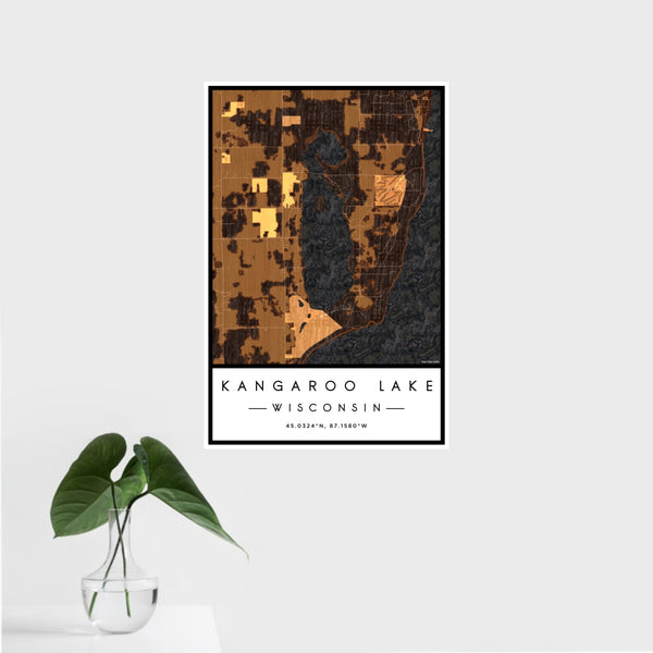 16x24 Kangaroo Lake Wisconsin Map Print Portrait Orientation in Ember Style With Tropical Plant Leaves in Water