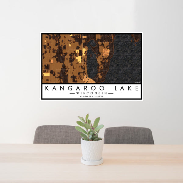 24x36 Kangaroo Lake Wisconsin Map Print Lanscape Orientation in Ember Style Behind 2 Chairs Table and Potted Plant