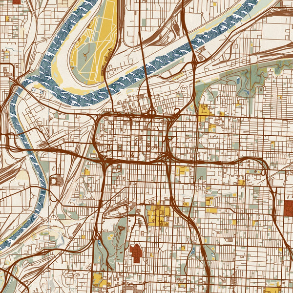 Kansas City - Missouri Map Print in Woodblock