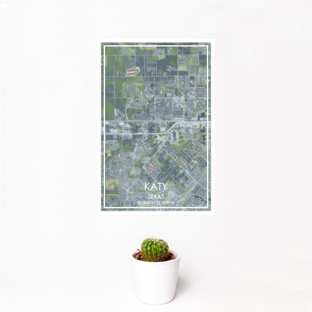 12x18 Katy Texas Map Print Portrait Orientation in Afternoon Style With Small Cactus Plant in White Planter