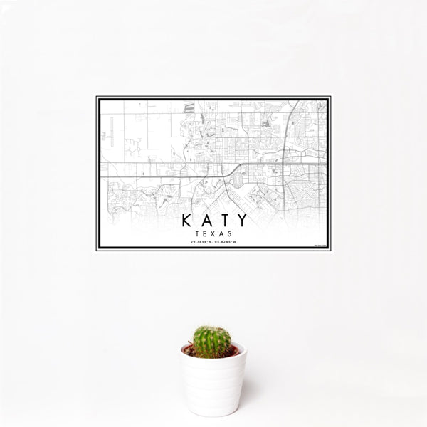 12x18 Katy Texas Map Print Landscape Orientation in Classic Style With Small Cactus Plant in White Planter