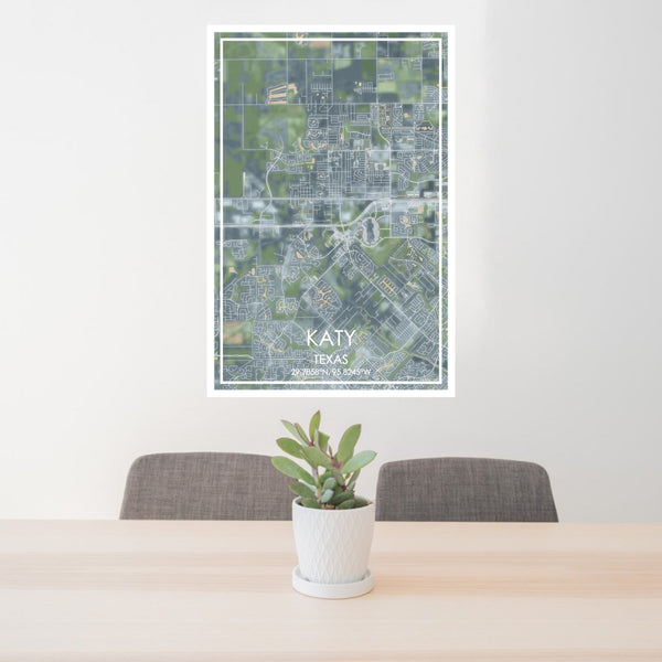 24x36 Katy Texas Map Print Portrait Orientation in Afternoon Style Behind 2 Chairs Table and Potted Plant