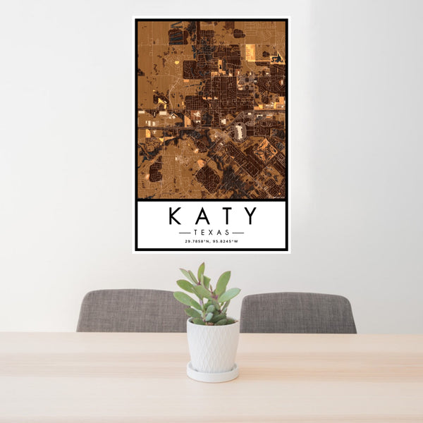 24x36 Katy Texas Map Print Portrait Orientation in Ember Style Behind 2 Chairs Table and Potted Plant
