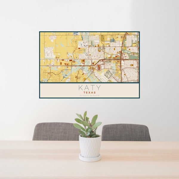 24x36 Katy Texas Map Print Lanscape Orientation in Woodblock Style Behind 2 Chairs Table and Potted Plant
