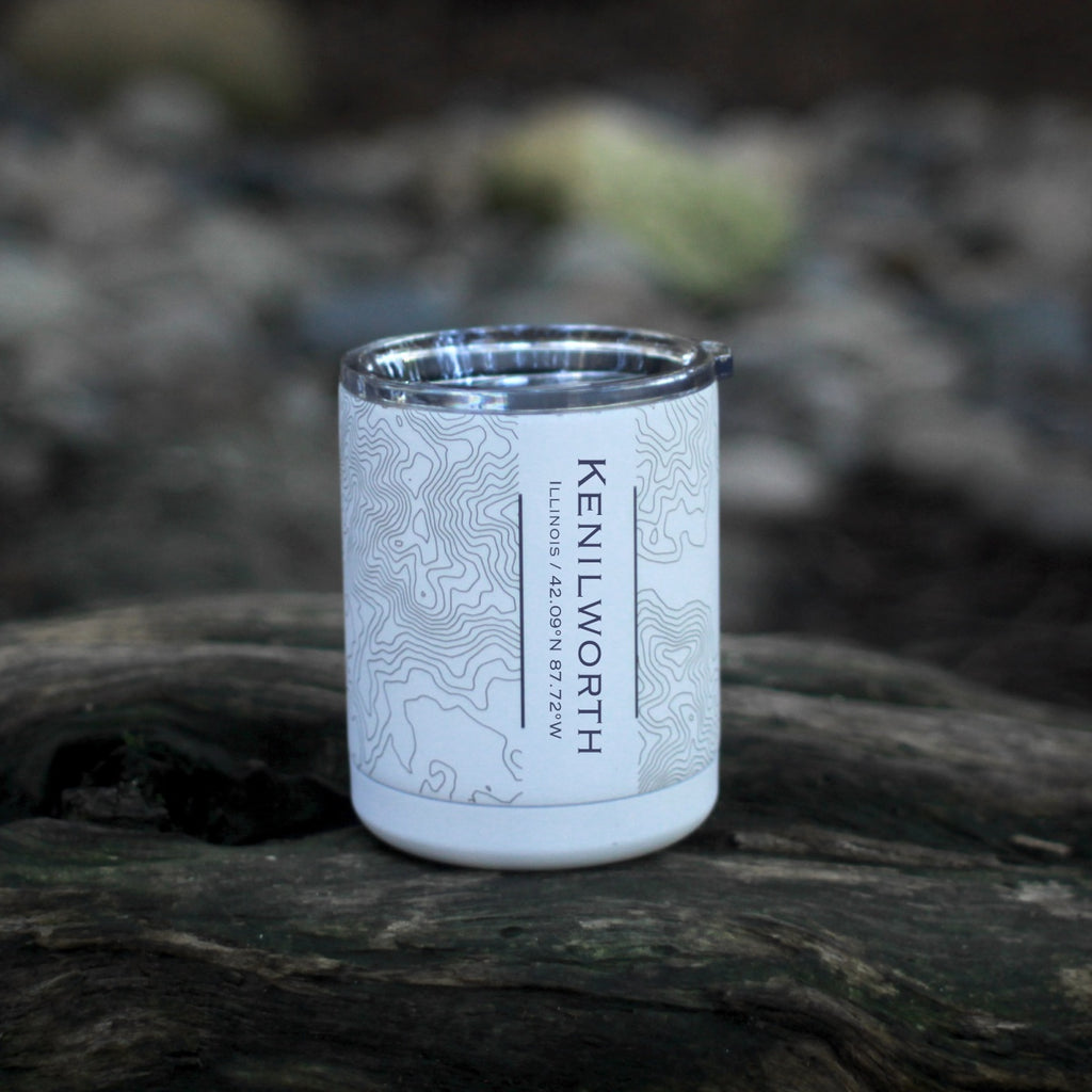 Kenilworth Illinois Custom Engraved City Map Inscription Coordinates on 10oz Stainless Steel Insulated Cup with Sliding Lid in White