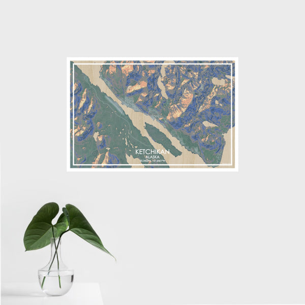 16x24 Ketchikan Alaska Map Print Landscape Orientation in Afternoon Style With Tropical Plant Leaves in Water