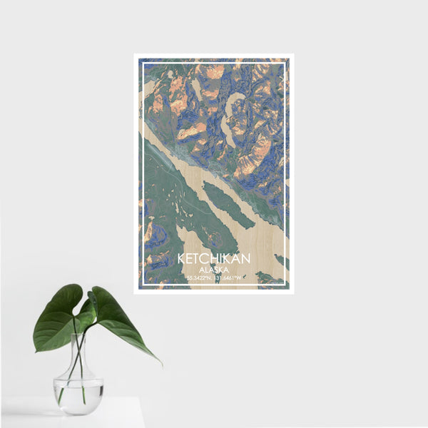 16x24 Ketchikan Alaska Map Print Portrait Orientation in Afternoon Style With Tropical Plant Leaves in Water