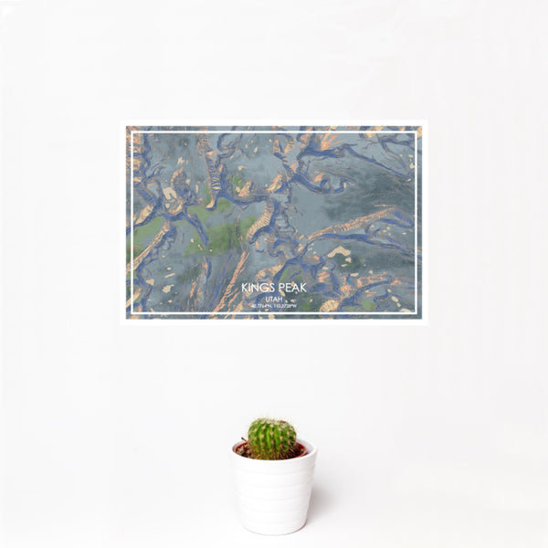 12x18 Kings Peak Utah Map Print Landscape Orientation in Afternoon Style With Small Cactus Plant in White Planter