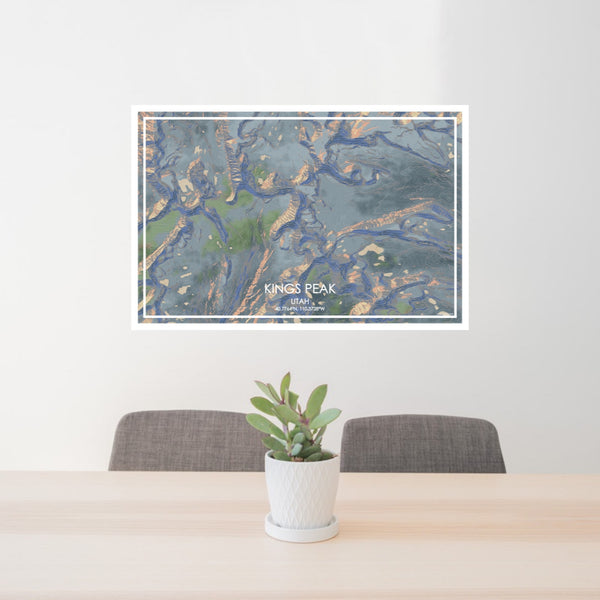 24x36 Kings Peak Utah Map Print Lanscape Orientation in Afternoon Style Behind 2 Chairs Table and Potted Plant