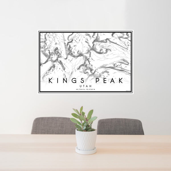 24x36 Kings Peak Utah Map Print Lanscape Orientation in Classic Style Behind 2 Chairs Table and Potted Plant