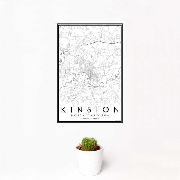 12x18 Kinston North Carolina Map Print Portrait Orientation in Classic Style With Small Cactus Plant in White Planter
