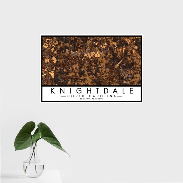 16x24 Knightdale North Carolina Map Print Landscape Orientation in Ember Style With Tropical Plant Leaves in Water