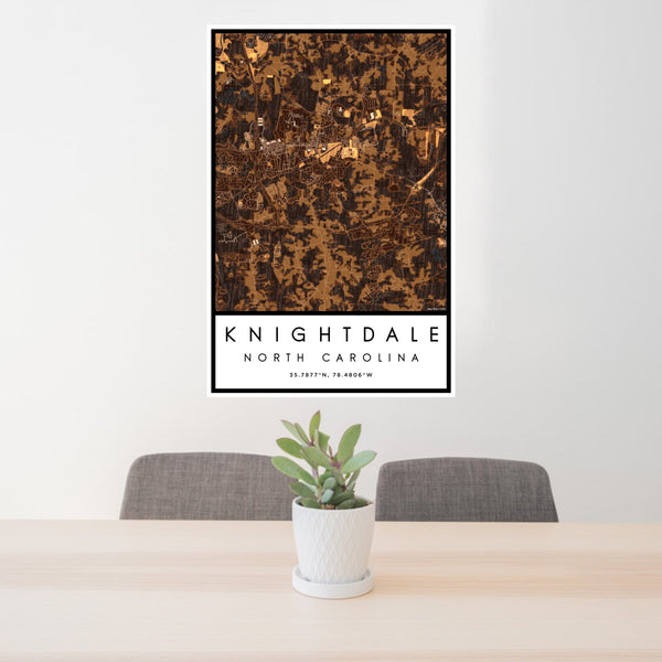 24x36 Knightdale North Carolina Map Print Portrait Orientation in Ember Style Behind 2 Chairs Table and Potted Plant